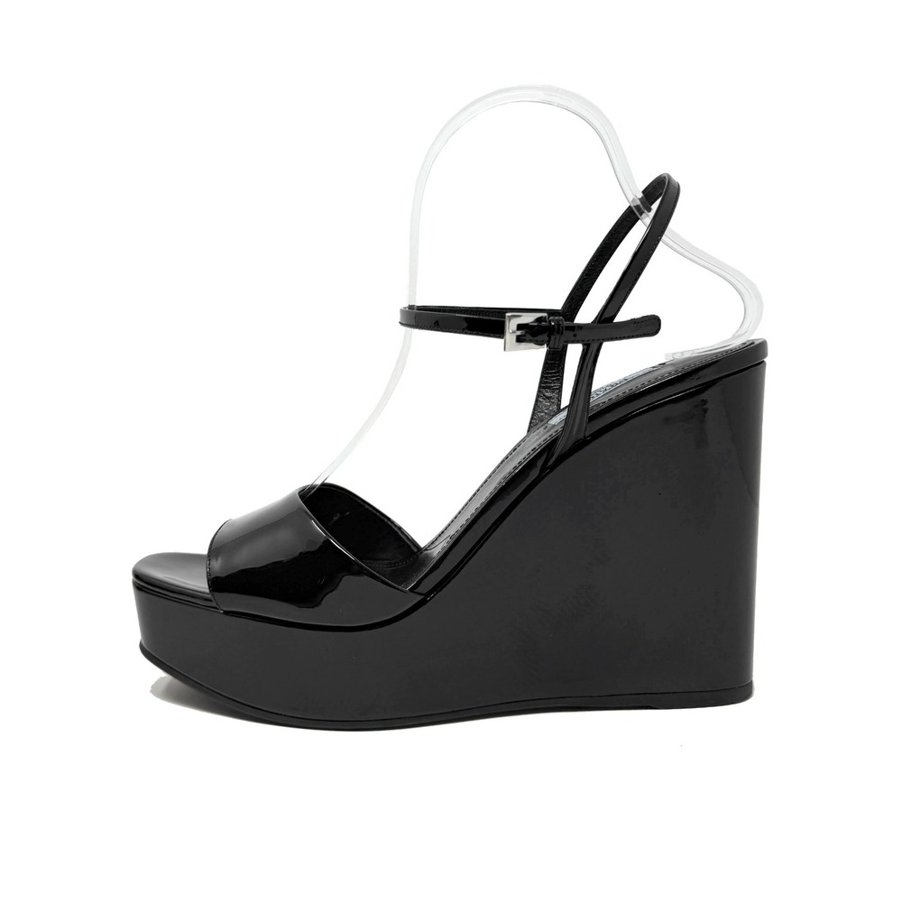 Prada Black Patent Leather Platform Wedge Sandals‎ Size 41 Ankle Strap Heels